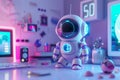 Futuristic robot standing on table glowing in vibrant light. Assistance with daily tasks. Artificial intelligence AI technology Royalty Free Stock Photo