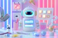 Futuristic robot standing on table glowing in vibrant light. Assistance with daily tasks. Royalty Free Stock Photo