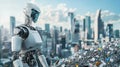 Futuristic Robot Standing in Urban Landscape Surrounded by Waste