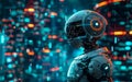 A futuristic robot stands amidst a glowing cityscape of digital data, representing artificial intelligence and the future of Royalty Free Stock Photo