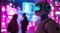Futuristic robot stands before a colorful digital backdrop. It observes humans interacting in a high-tech environment. An Royalty Free Stock Photo