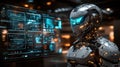 A futuristic robot stands before a digital interface displaying data and analytics Royalty Free Stock Photo