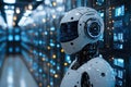 futuristic robot stands in high tech data center, showcasing advanced AI technology and digital interfaces Royalty Free Stock Photo