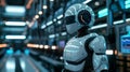 A futuristic robot stands in a high-tech laboratory with glowing screens in the background