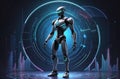 A Futuristic Robot Stands Before Holographic Data with Bright Curved Lines. Royalty Free Stock Photo
