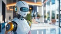 A futuristic robot stands in a sleek modern space. This AI-generated image showcases technology and innovation. The robot embodies Royalty Free Stock Photo