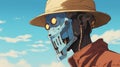 Futuristic Robot With Straw Hat: Anime-inspired 90s Aesthetic