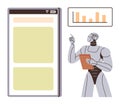 Futuristic Robot with Tablet Analyzing Data Charts Next to Large Mobile App Interface Royalty Free Stock Photo