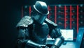 Futuristic robot technology with cyborg armed forces and men in military computer metal science security suit of armor