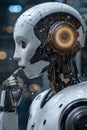 Futuristic Robot in Thought Artificial Intelligence Contemplating in a Technological Environment. Royalty Free Stock Photo