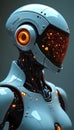 Futuristic robot torso with glowing orange lights, intricate wiring. Advanced android features sleek white exoskeleton, visor Royalty Free Stock Photo