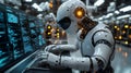 Futuristic robot typing on computer in high-tech lab with advanced technology and artificial intelligence