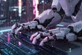 futuristic robot typing on a glowing keyboard Royalty Free Stock Photo