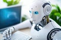 Futuristic robot typing on keyboard in bright office environment Royalty Free Stock Photo