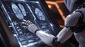 Futuristic robot using advanced touchscreen interface analyzing complex digital brain data in high-tech laboratory environment