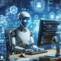 Futuristic robot using computer to code in a high-tech environment Royalty Free Stock Photo