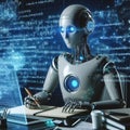 Futuristic robot using computer to code in a high-tech environment Royalty Free Stock Photo
