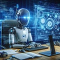 Futuristic robot using computer to code in a high-tech environment Royalty Free Stock Photo