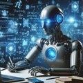 Futuristic robot using computer to code in a high-tech environment Royalty Free Stock Photo