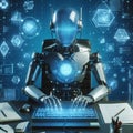 Futuristic robot using computer to code in a high-tech environment Royalty Free Stock Photo