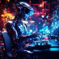Futuristic robot using a computer in a vibrant digital environment Royalty Free Stock Photo