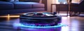 Futuristic robot vacuum cleaner with innovative controls removes dust on the floor. Generated by AI