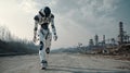 Futuristic robot walking in desolate landscape ai generated image for technology concept art design Royalty Free Stock Photo
