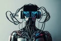 Futuristic robot wearing a VR headset, immersed in a virtual world with wires connecting the headset to its body. Ai generated