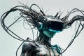 Futuristic robot wearing a VR headset, immersed in a virtual world with wires connecting the headset to its body. Ai generated