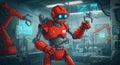 Futuristic Robot Worker in Advanced Technology Environment This illustration showcases a red robot worker in a hightech