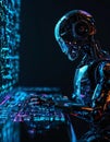 Futuristic robot working on a complex digital interface in dark setting