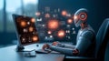 futuristic robot is working on computer analyzing data and visualizations scene showcases advanced technology and artificial Royalty Free Stock Photo