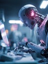 Futuristic Robot Working Intently on a Computer in a High-Tech Environment Royalty Free Stock Photo