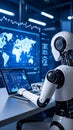 Futuristic robot working on laptop analyzing data in a high-tech office environment. Royalty Free Stock Photo