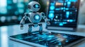 A futuristic robot working on a laptop with a digital interface in the background Royalty Free Stock Photo