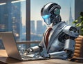 Futuristic robot working on laptop in office setting
