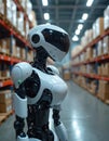 Futuristic robot works modern warehouse. Automation, logistic, supply chain management. Artificial intelligence tech, innovation. Royalty Free Stock Photo