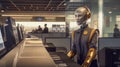 futuristic robot yellow artificial intelligence worker in airport .Generative ai