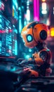 Futuristic Robot Using Computer with Neon Lights Royalty Free Stock Photo