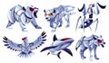 Futuristic robotic animals. Fauna cyborg powerful characters, cartoon mechanical beasts, zoomorphic machines, metal bear