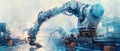 Futuristic robotic arm in an advanced factory setting exemplifying modern industrial automation and technology
