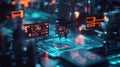 Futuristic robotic arm building microchip in automated factory