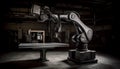 A futuristic robotic arm in a dark, automated metal factory generated by AI