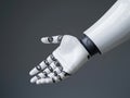 A futuristic robotic arm extending for a handshake, representing trust in AI advancements.