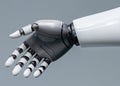 A futuristic robotic arm extending for a handshake, representing trust in AI advancements.