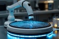 Futuristic robotic arm extracting genome samples on a glowing blue platform in a sterile lab. Royalty Free Stock Photo
