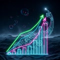 Futuristic robotic arm holding upward trending growth chart with gears and glowing digital elements Royalty Free Stock Photo
