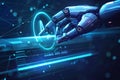 Futuristic robotic arm interacting with digital interface in a high-tech environment Royalty Free Stock Photo