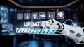 Futuristic robotic arm interacting with digital interface showcasing updating process and technological advancements in Royalty Free Stock Photo