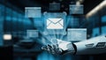 Futuristic robotic arm reaching out to convey digital communication and email concept in a high-tech office environment Royalty Free Stock Photo